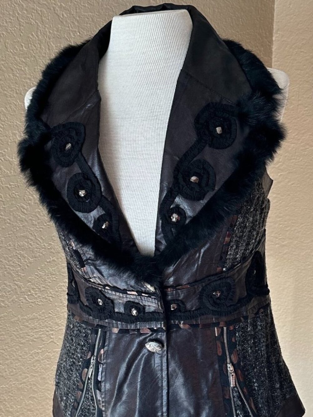Love Token Black Faux Leather Fur Collar Embellished Moto Vest Size S